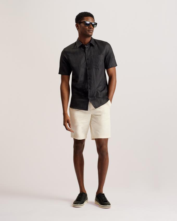 Chemises Ted Baker Short Sleeve Linen Cotton Noir Homme | HMN-60427530